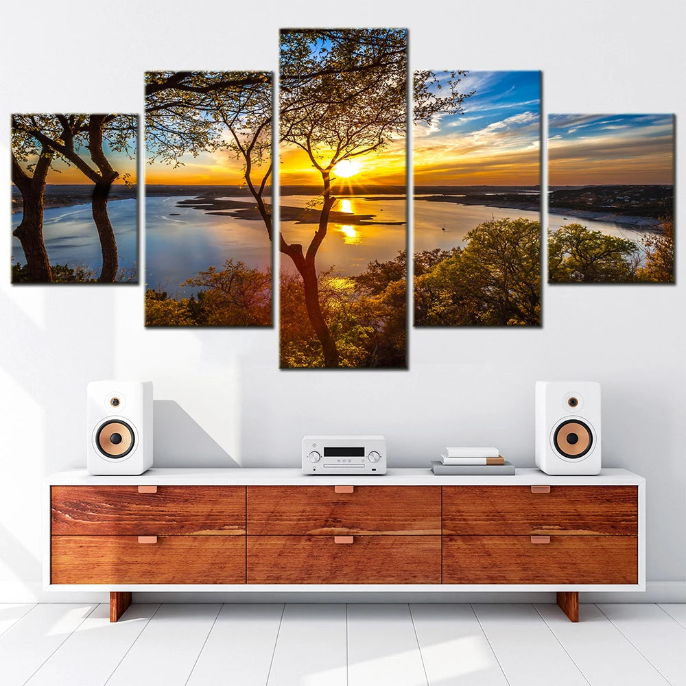 5 Panel Canvas Wall Art For Living Room Beautiful Sunrise Nature Landscape Hd Painting Picture Modern Home Decoration Frame.