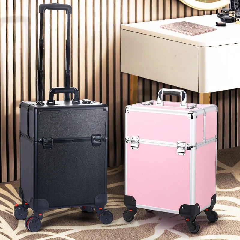 TravelRolling Makeup Train Case Large Capacity Cosmetic Trolley, Aluminum Professional Travel Case with Key.