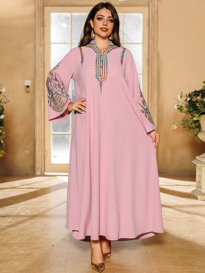 2025 Dubai New Inspired Pink Muslim Abaya Colorful Embroidery on Neckline & Sleeves Perfect for Middle Eastern Cultural Events.