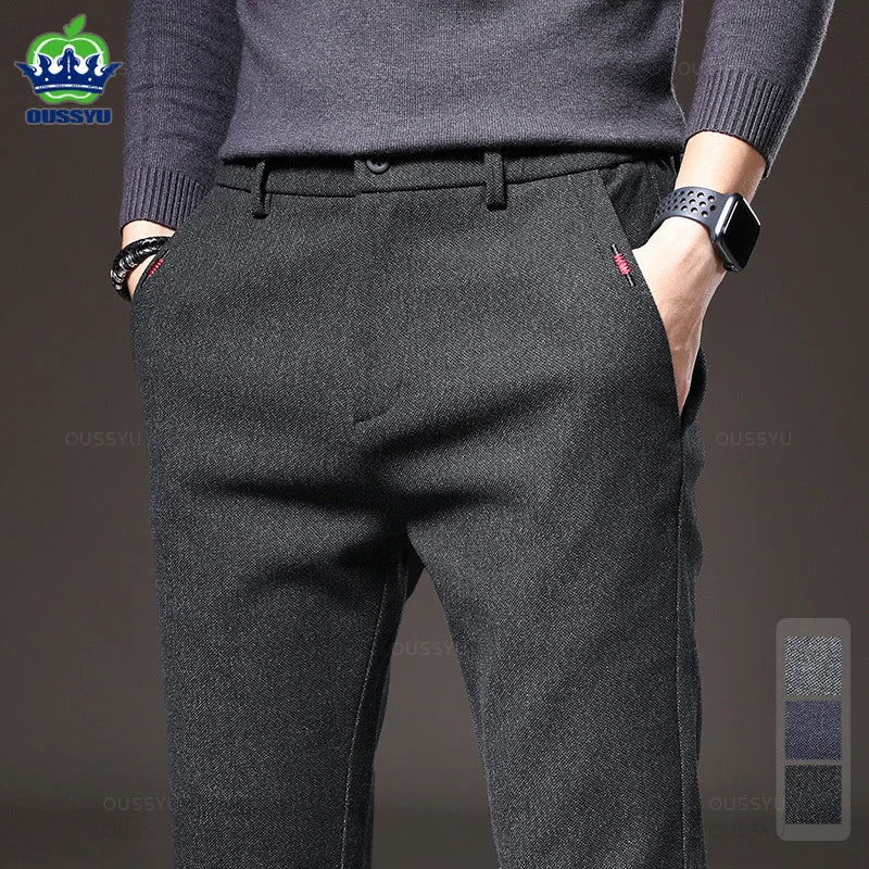 Autumn Winter Men's Brushed Fabric Casual Pants Business Fashion Slim Fit Stretch Thick Gray Blue Black Cotton Trousers Male.