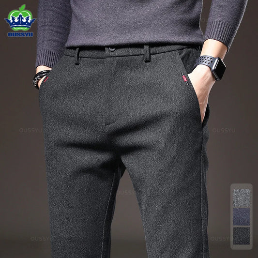 Autumn Winter Men's Brushed Fabric Casual Pants Business Fashion Slim Fit Stretch Thick Gray Blue Black Cotton Trousers Male.