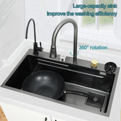 under the household sink    Black Stainless Steel Nano Undermount/Drop in Waterfall Single Bowl Kitchen Sink With Pull-Out Fauce