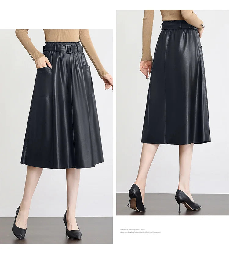 S-5XL New Women Plus Size Leather Skirt Spring Autumn Fashion Stretch Waist A-Line Loose Long Skirt Split Leather Sheepskin.