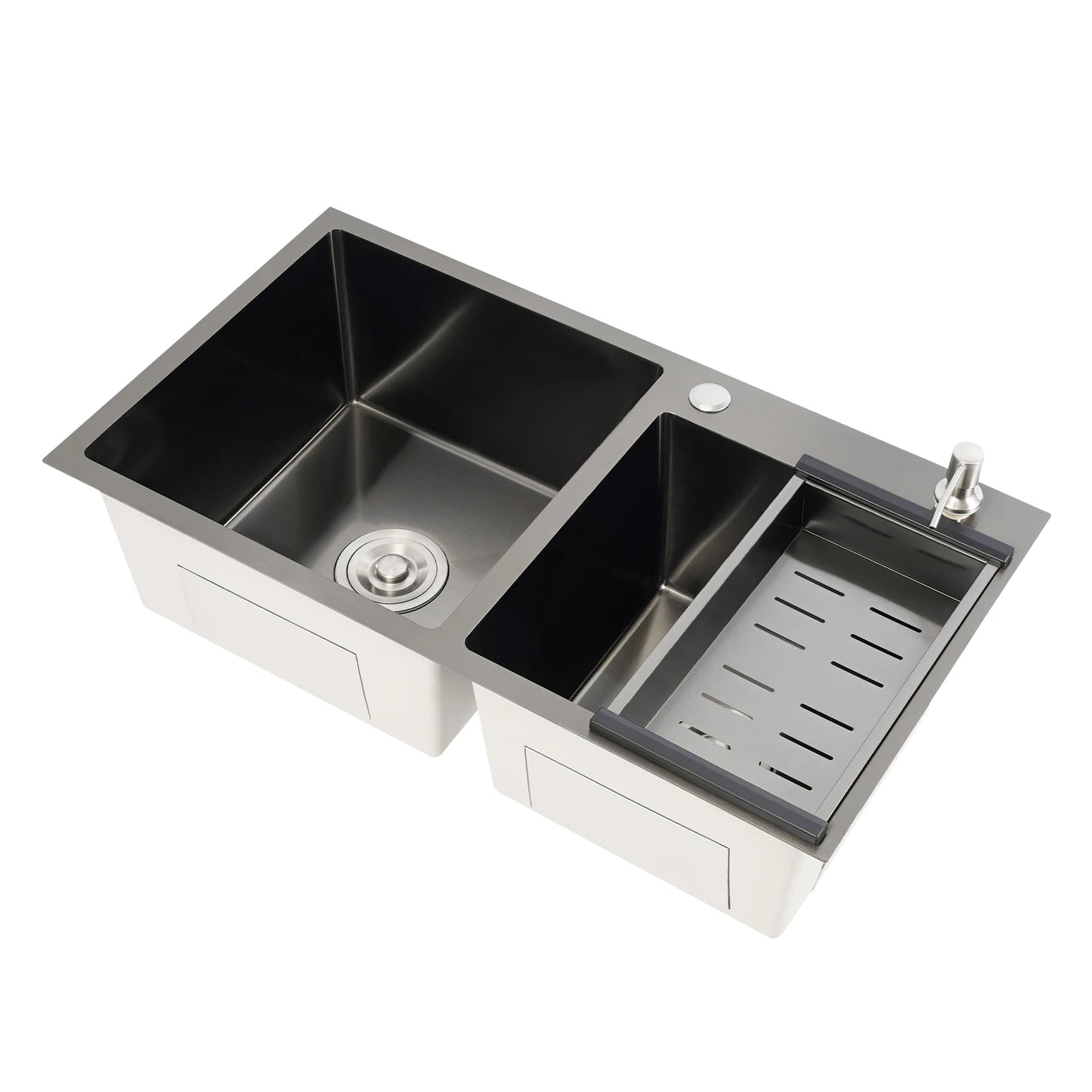 Doppelschüssel-Küchenspüle mit Seifenspender, Abflusskorb, Rohre, Edelstahl 304, 78 x 43 x 22 cm, zusätzliche Aufbewahrung für Restaurants