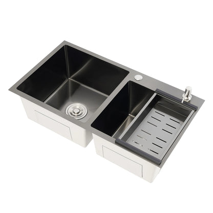 Doppelschüssel-Küchenspüle mit Seifenspender, Abflusskorb, Rohre, Edelstahl 304, 78 x 43 x 22 cm, zusätzliche Aufbewahrung für Restaurants