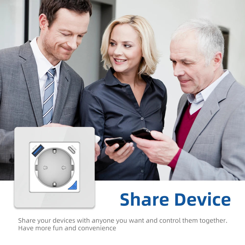 Alice Zigbee Tuya Smart EU-Wandsteckdose mit PD 20 W Typ C und einem Dual-USB-Schnellladegerät mit Power-Überwachungs-Glasplattenpanel.