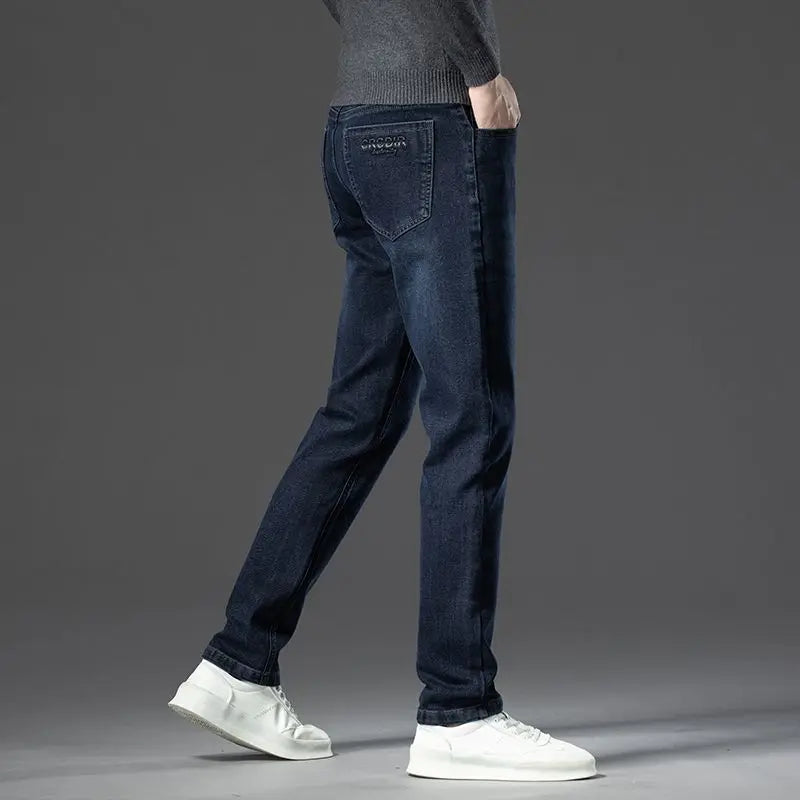 Autumn New Men's Business Jeans High Elasticity Straight Denim Trousers Men's Pants Work Clothes Haze Blue Black Gray Brand.