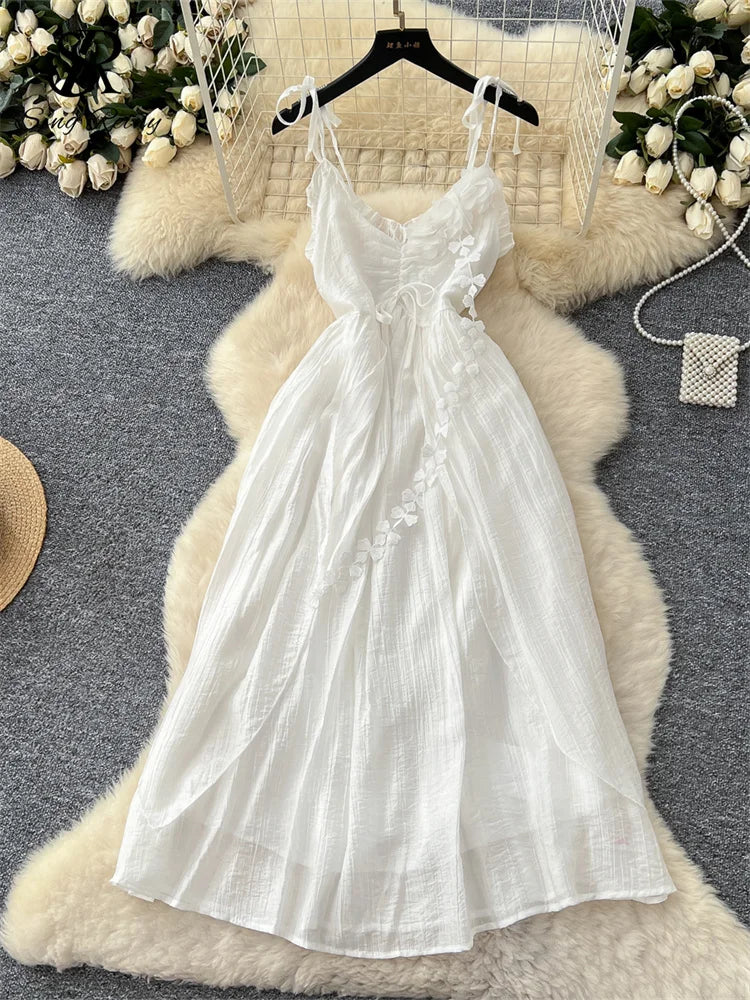 SINGREINY 2025, süßes Sommerkleid für Damen, Spaghettiträger, plissiert, 3D-Blumenmuster, schickes Sommerkleid, Fairycore, unregelmäßiges Kleid