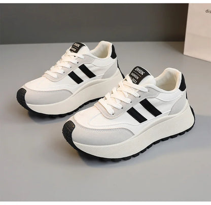 Spring Thick Bottom Women's Shoes 2025 Summer Casual Patchwork Leather Sneakers Casual Vulcanised Shoes Ladies Chaussure Femme.