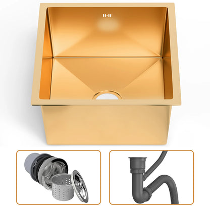 Unterbau-Küchenspüle aus Edelstahl mit abgerundeter Einzelschüssel, goldenes großes Spülbecken mit Abflussmontage