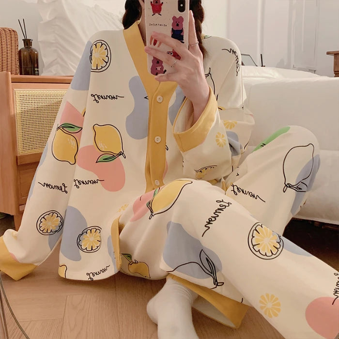 Herbst Winter Pyjamas Set für Frauen Kawaii Druck Nachtwäsche Anzug für Mädchen Mode Restlong Ärmel V-Ausschnitt Frau Pyjamas Set