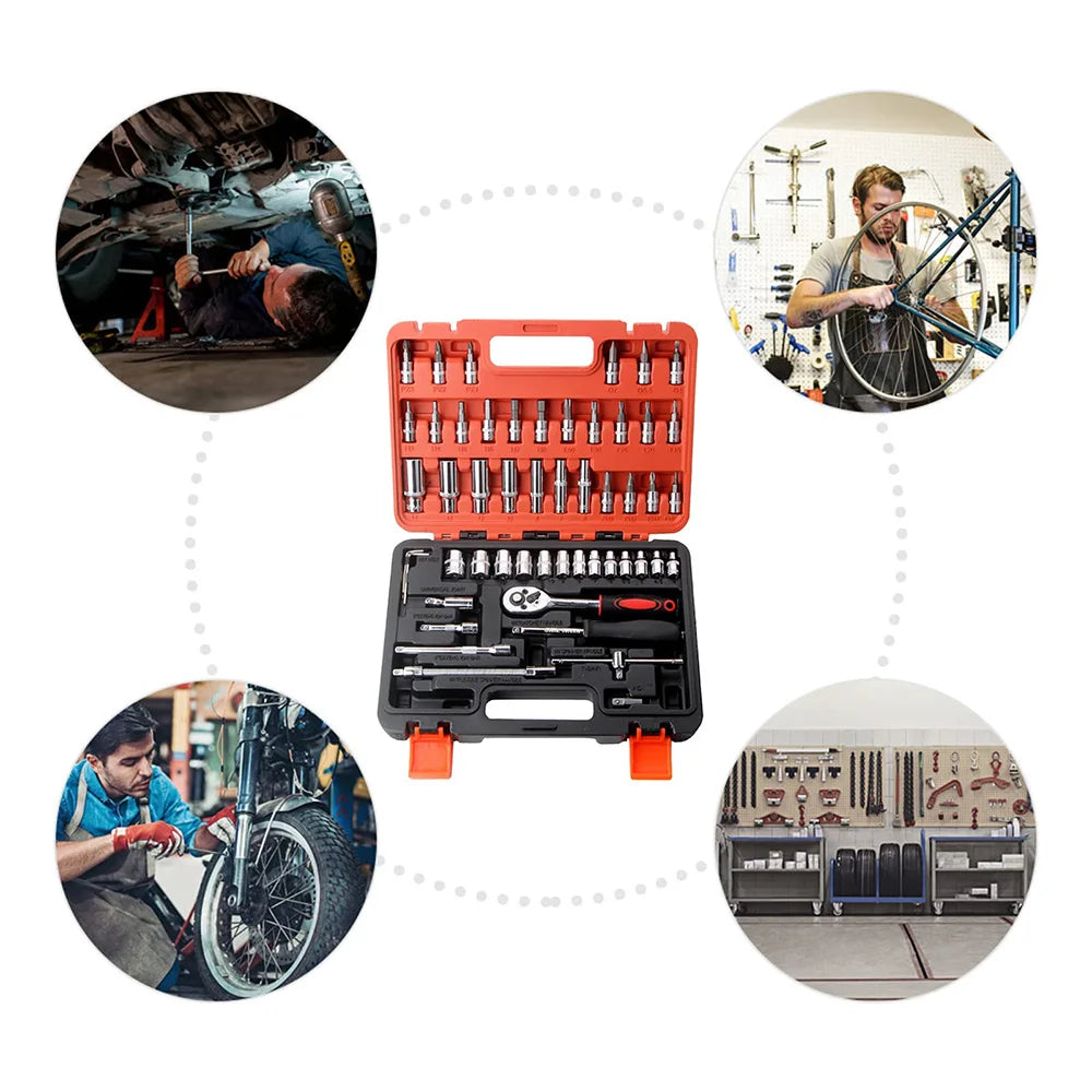 Hikity 53 Stück 1/4-Zoll-Antriebs-Steckschlüssel-Ratschenschlüssel-Werkzeug für die Reparatur von Autoreparaturen, Ratschen-Drehmomentschlüssel, Kombi-Reparaturwerkzeug