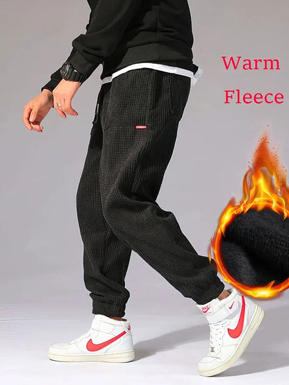 Autumn Winter Warm Motorcycle Jogger Corduroy Pants Men Tech Fleece Sweatpants Casual Harem Pants Male Sport Thermal Trousers.