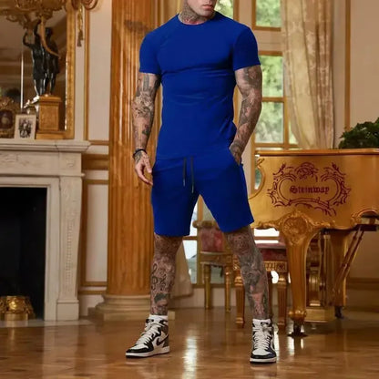 New 2025 summer leisure men sports suit Outdoor hiking jogging men's short sleeve breathable T-shirt + shorts two-piece set.