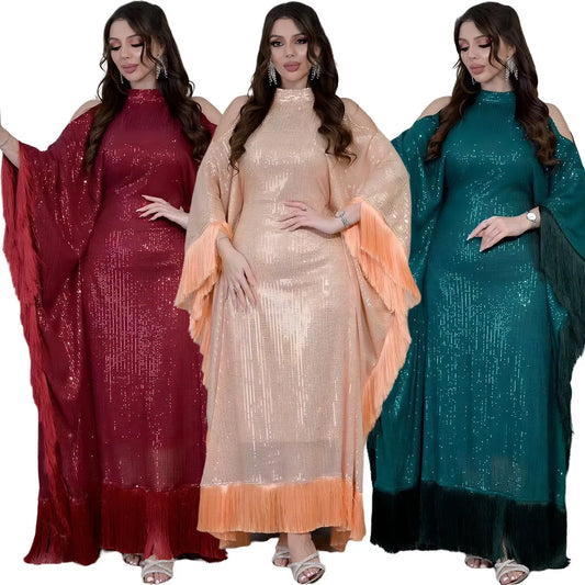 Ramadan Eid Tassel Sequin Batwing Abaya Dubai Women Islam Muslim Maxi Kaftan Dresses Kebaya Caftan Marocain Robe Femme Musulmane.
