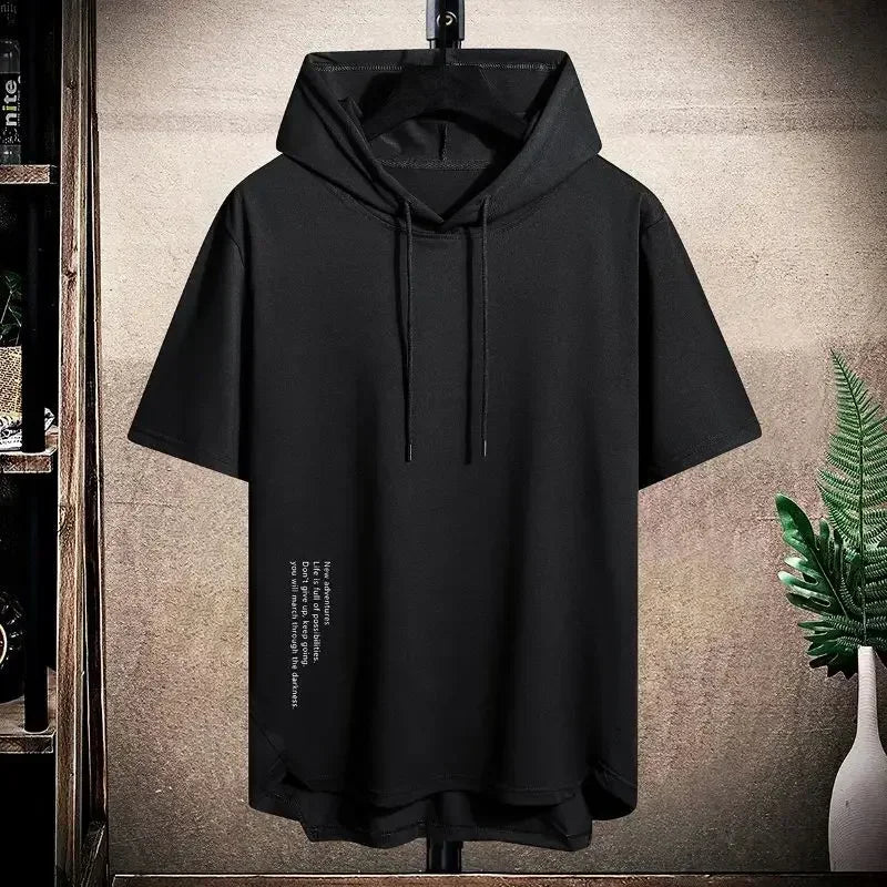 2025 Men's Summer Hoodies T-shirts Short Sleeve Solid Color Loose Hooded Drawstring Pullover Tops Basic Tees for Daily Wear Male