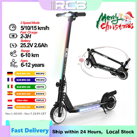 RCB R12 Electric Scooter for Kids Age 6-12, Colorful Lights, 6.5" Foldable E Scooter, LED Display, Lightweight Electric Scooter.