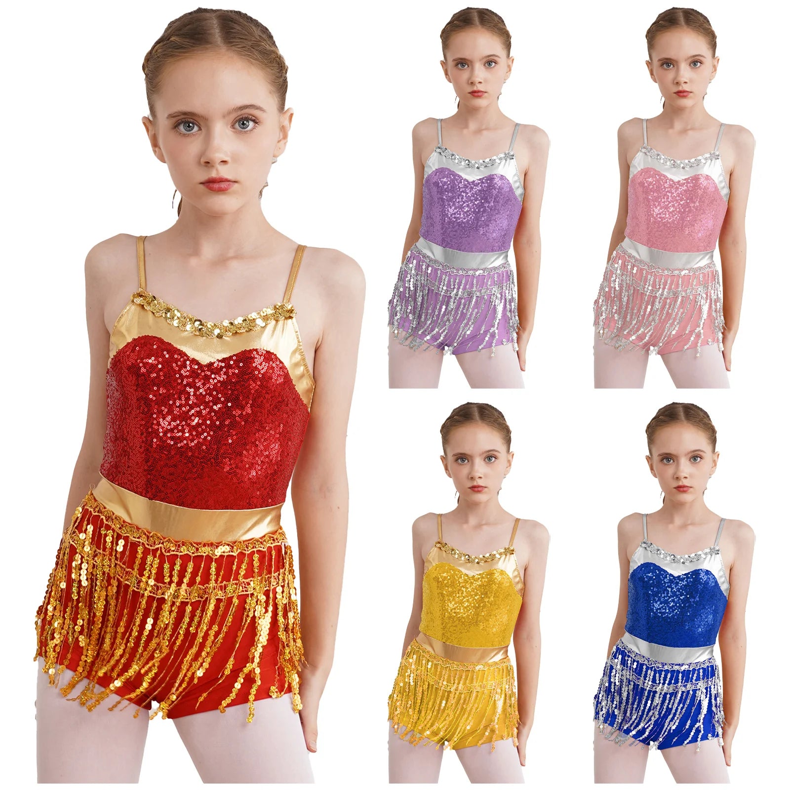 Kinder Mädchen Latin Tanz Kostüm Jazz Samba Cha-Cha Eiskunstlauf Trikot Kleid glänzende Pailletten Quaste Bodysuit für Bühnen performance.