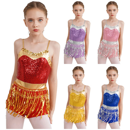 Kinder Mädchen Latin Tanz Kostüm Jazz Samba Cha-Cha Eiskunstlauf Trikot Kleid glänzende Pailletten Quaste Bodysuit für Bühnen performance.