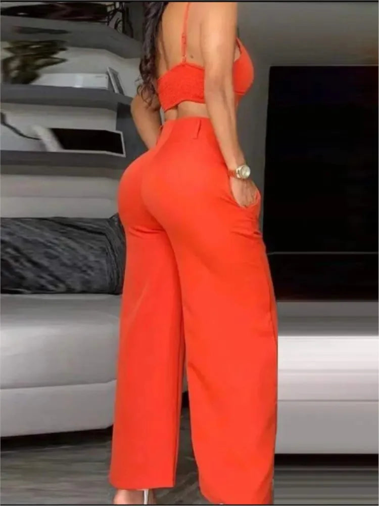 Summer Sexy 2 Piece Set Women V-Neck Strap Shirred Slim Crop Top & Lace-up Wide Leg Pants Sets Elegant Holiday Lady Suit.