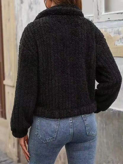 VigoCasey 2025, Herbst Winter Frauen Schwarze Jacke Einreiher Langarm Dicken Plüsch Warme Mantel Solide Dame Beiläufige Kurze Mantel