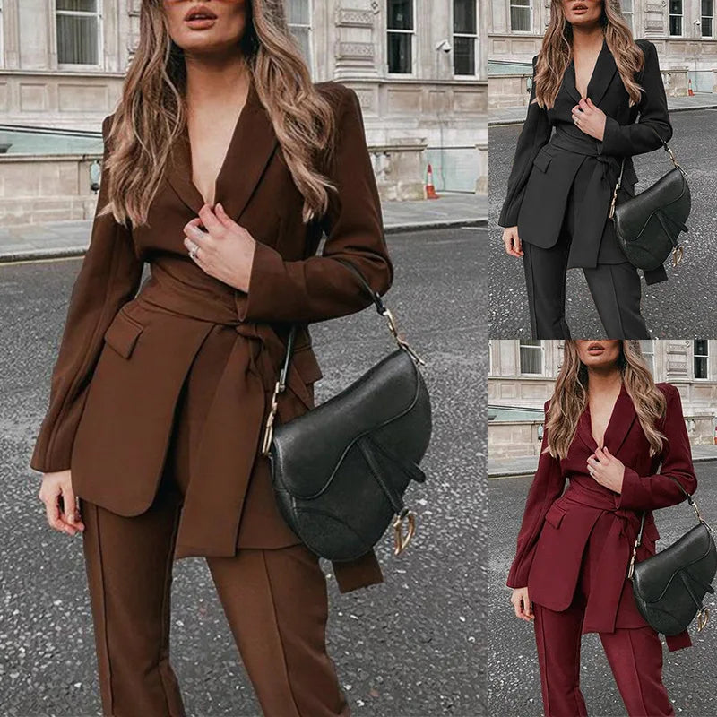 Women Fall Business Pant Suit Long Sleeve Formal 2 Piece Blazer Set Casual Office Work Slim Corset Outfits 2025.