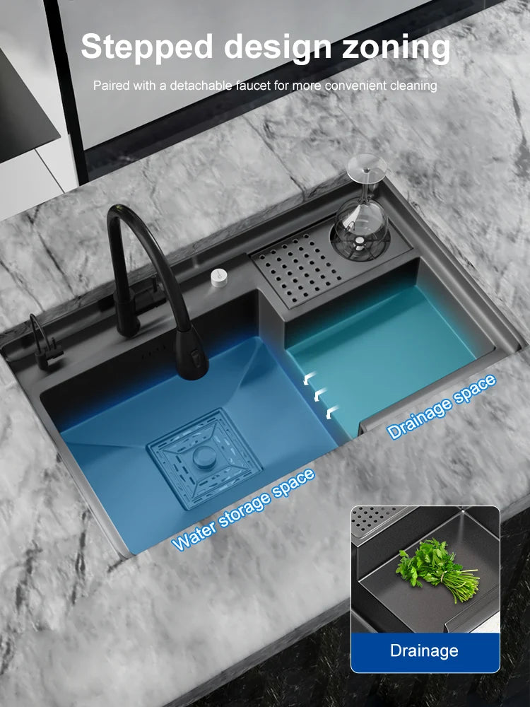 Stainless Steel Kitchen Sink Stepped Large Single Slot Wash Dish Vegetables Basin Multifunctional With Cup Washer Knife Holder