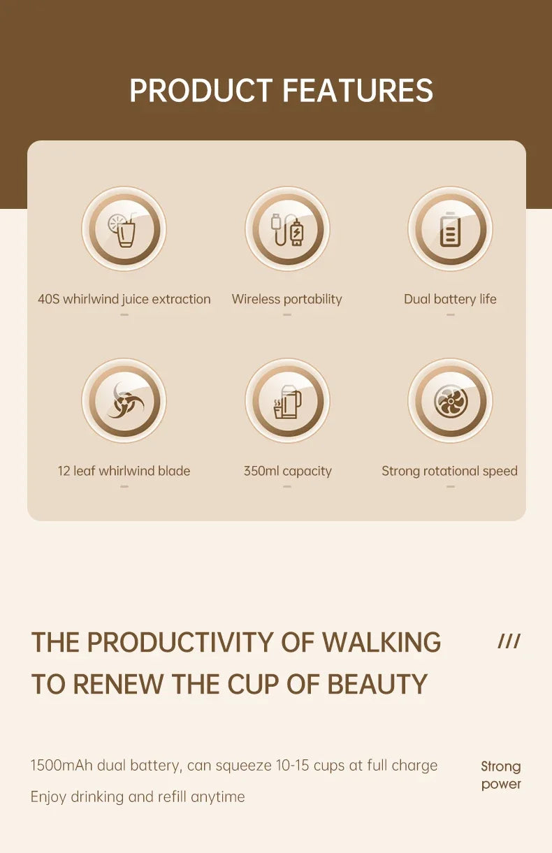 Portable Multi-function USB Wireless Juicer 12-blade Head Fast Juice Extraction 2600mAh Capacity Indoor and Outdoor Mixing Cup.