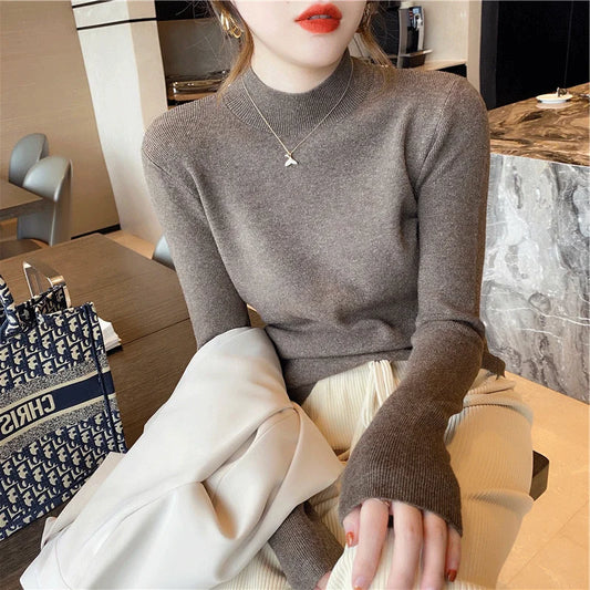 Herbst Winter Frauen Mock neck Pullover Pullover Tops Strickwaren Mode Weibliche Lange Hülse Dünne Elastische Beiläufige Gestrickte Shirts