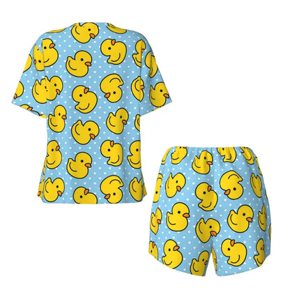 Benutzerdefinierte Frauen Gelb Klassische Gummi Ente Pyjamas Set Gedruckt Zwei-stück Pj Sets Kurzarm Nachtwäsche Loungewear