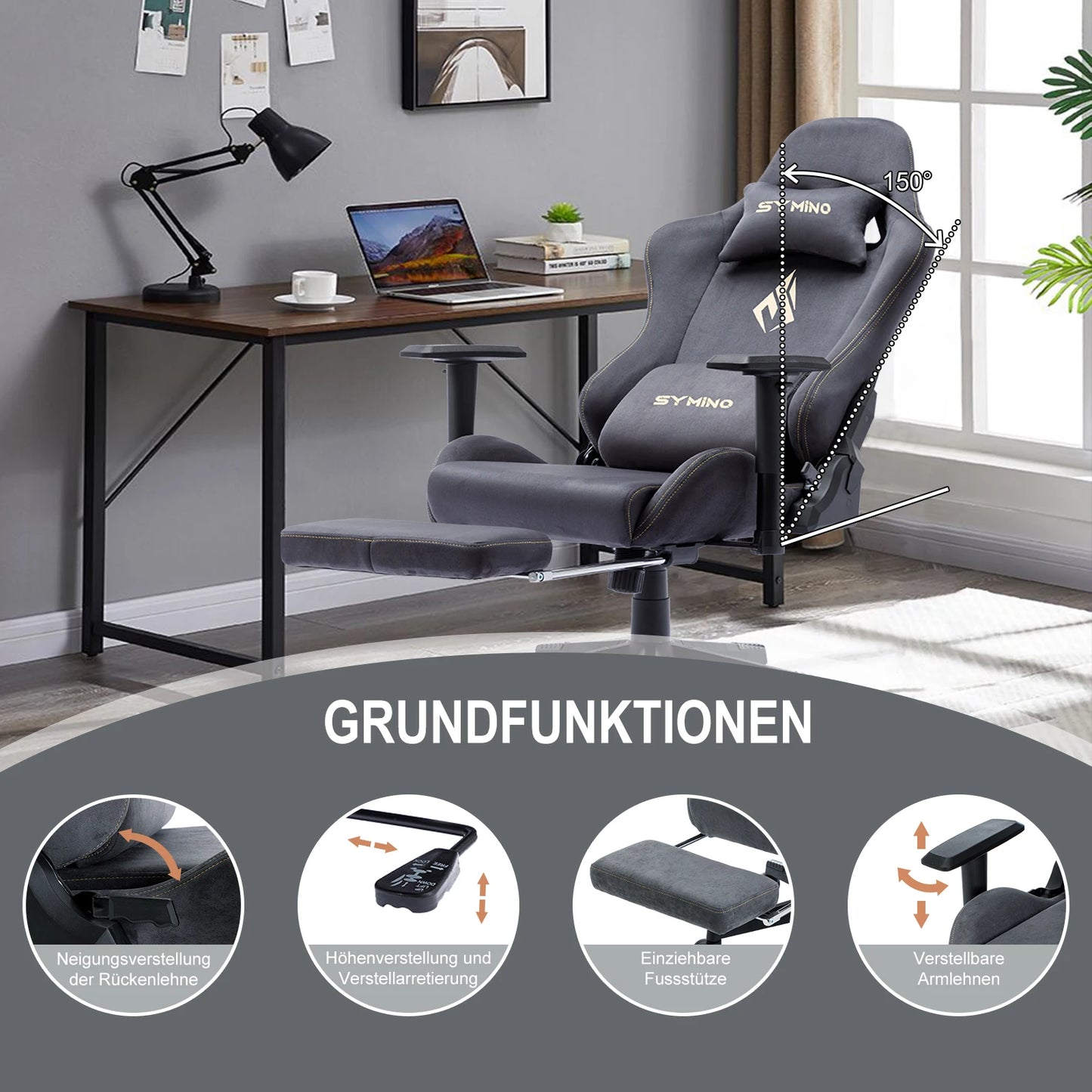 Symino Gaming-Stuhl, ergonomischer Gamer-Stuhl mit Fußstütze, atmungsaktiver PC-Stuhl mit verstellbarem Lendenkissen, Kopfstützenkissen