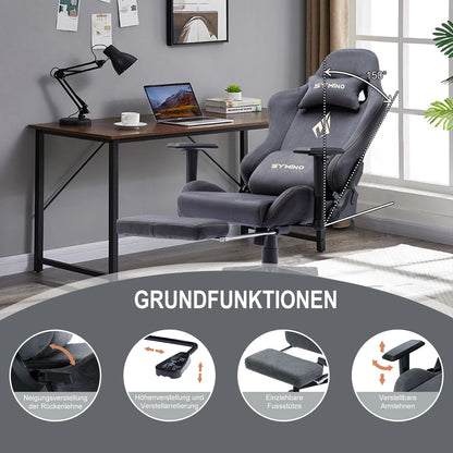 Symino Gaming-Stuhl, ergonomischer Gamer-Stuhl mit Fußstütze, atmungsaktiver PC-Stuhl mit verstellbarem Lendenkissen, Kopfstützenkissen