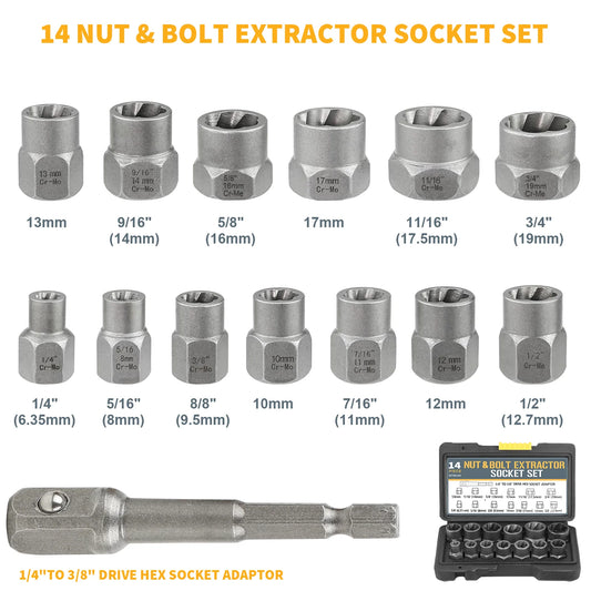 [EU-Lager] 14-teiliges Steckschlüsselset, Schlagschrauben-Mutterentferner-Set, Cr-Mo-Stahl-Schraubenausdreher-Werkzeugset für industrielle Schlagschrauben und Muttern