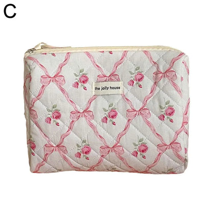 Cute Bow Flower Quilting Makeup Bag Women Zipper Cosmetic Organizer Female Cloth Handbag Portable Toiletry Case For Girls