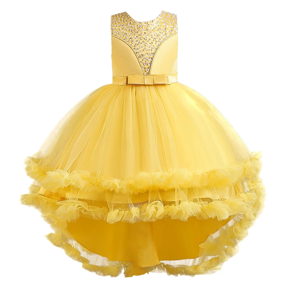 Gelbes ärmelloses Kinder leistungs kleid Bogens chwanz kleid Prinzessin kleid für 3y bis 12y Geburtstags feier kleidung.