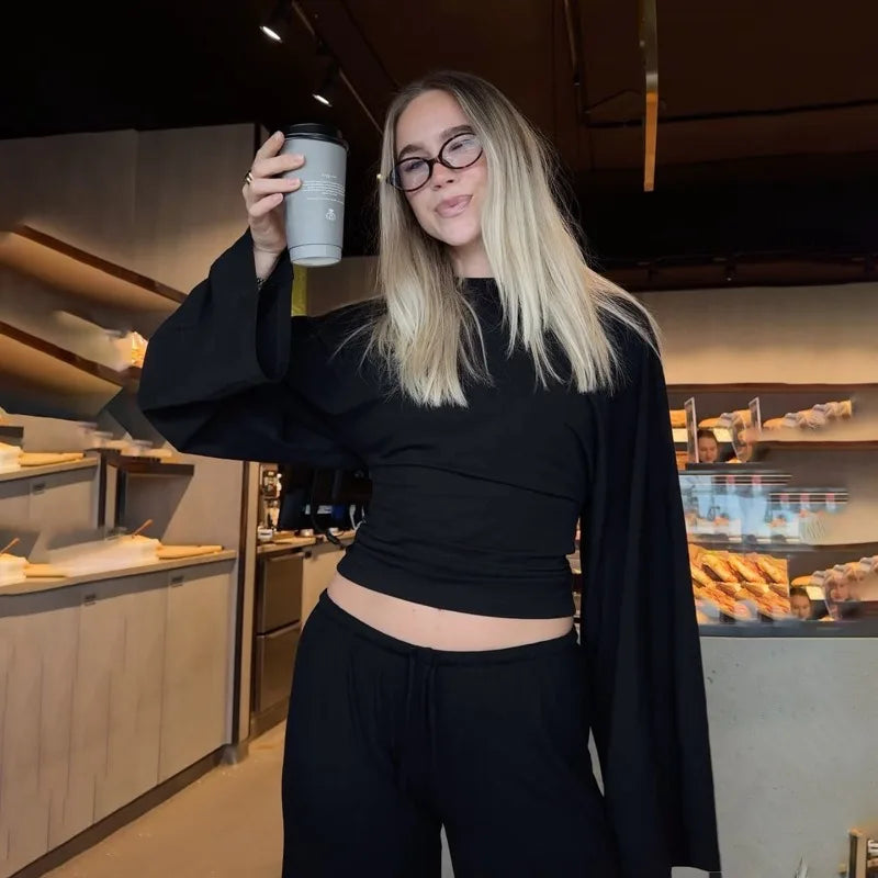 Trendix Basic Long Sleeve Crop Tops Women Summer O Neck Loose Casual Solid Pullover Top Ladies Street Party Club Fashion T Shirt