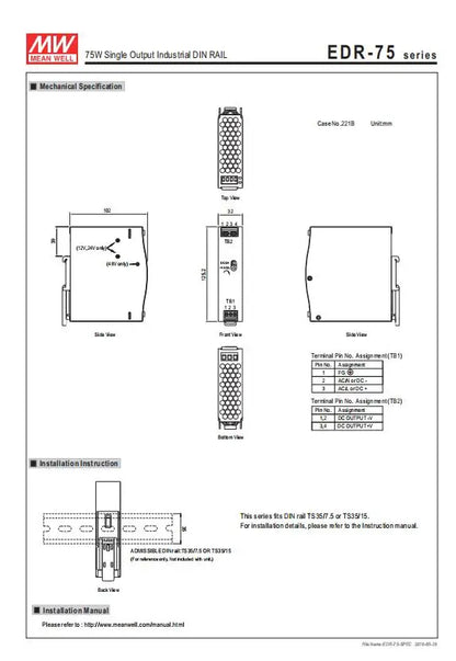 MEAN WELL EDR-75 120 150 12V 24V 48V meanwell EDR-75 120 150 12 24 48 V Single Output Switching Power Supply.