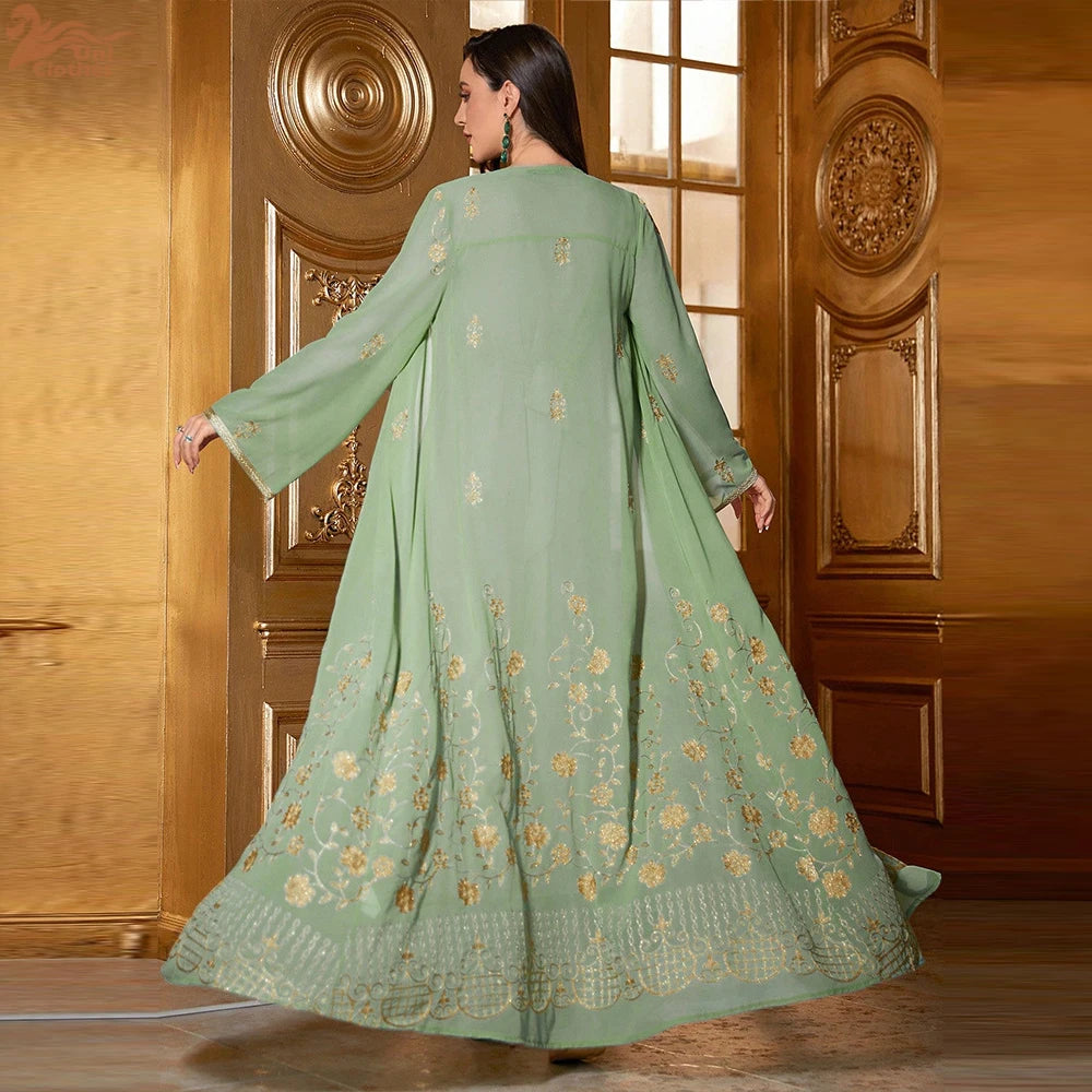 2 Pieces Set Muslim Women Matching Set Embroidery Open Kimono Abaya Maxi Dress Dubai Kaftan Robe Eid Djellaba Kebaya Caftan Arab.