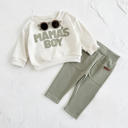 2025 Baby Jungen Kleidung MAMA'S JUNGE Sets Herbst Baby Mädchen Kleinkind Outfit Sweatshirt Top Hosen 2 Stücke Langarm Winter warme Säuglingsanzug.