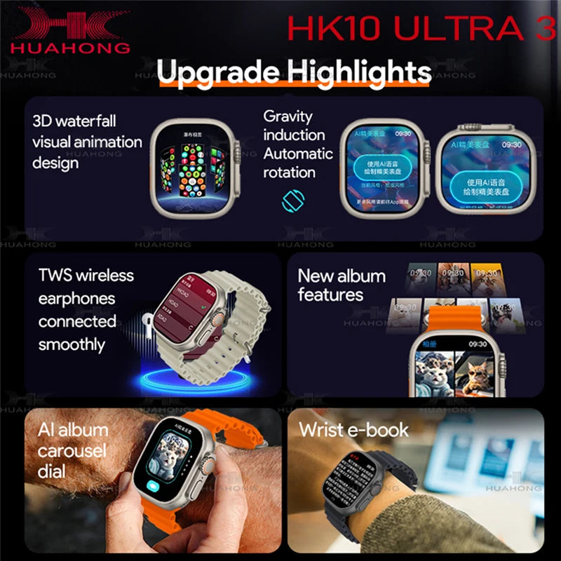 2025 New 49mm HK10 ULTRA 3 Smartwatch HD AMOLED 4G ROM Bluetooth Call Network Chat Robot Clock NFC Compass Smart Watch Men Women.
