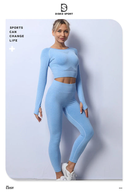 Women Yoga 2 Pieces Workout Outfits Seamless High Waist Leggings Sports Crop Top Running Clothes Sets.