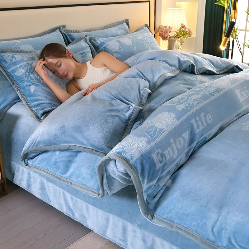 2025 new light luxury high gram weight carved fleece milk fleece bed sheet four-piece set thickened warm bedding winter