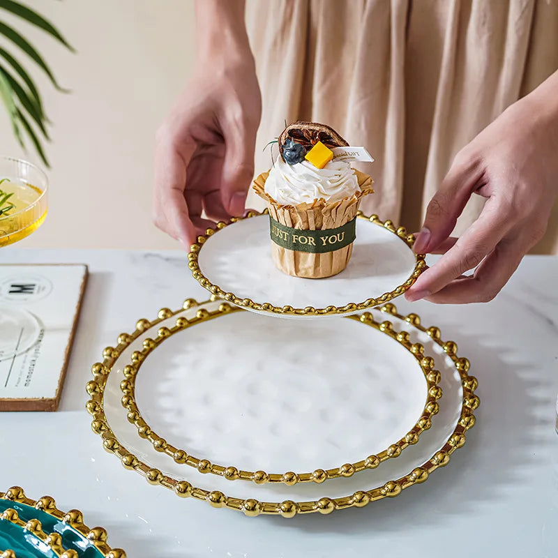 Nordic Ins Style Golden Edge Bead Plate Western Food Steak Plate Home Network Red Dish Creative Tableware Plate Breakfast Salad.