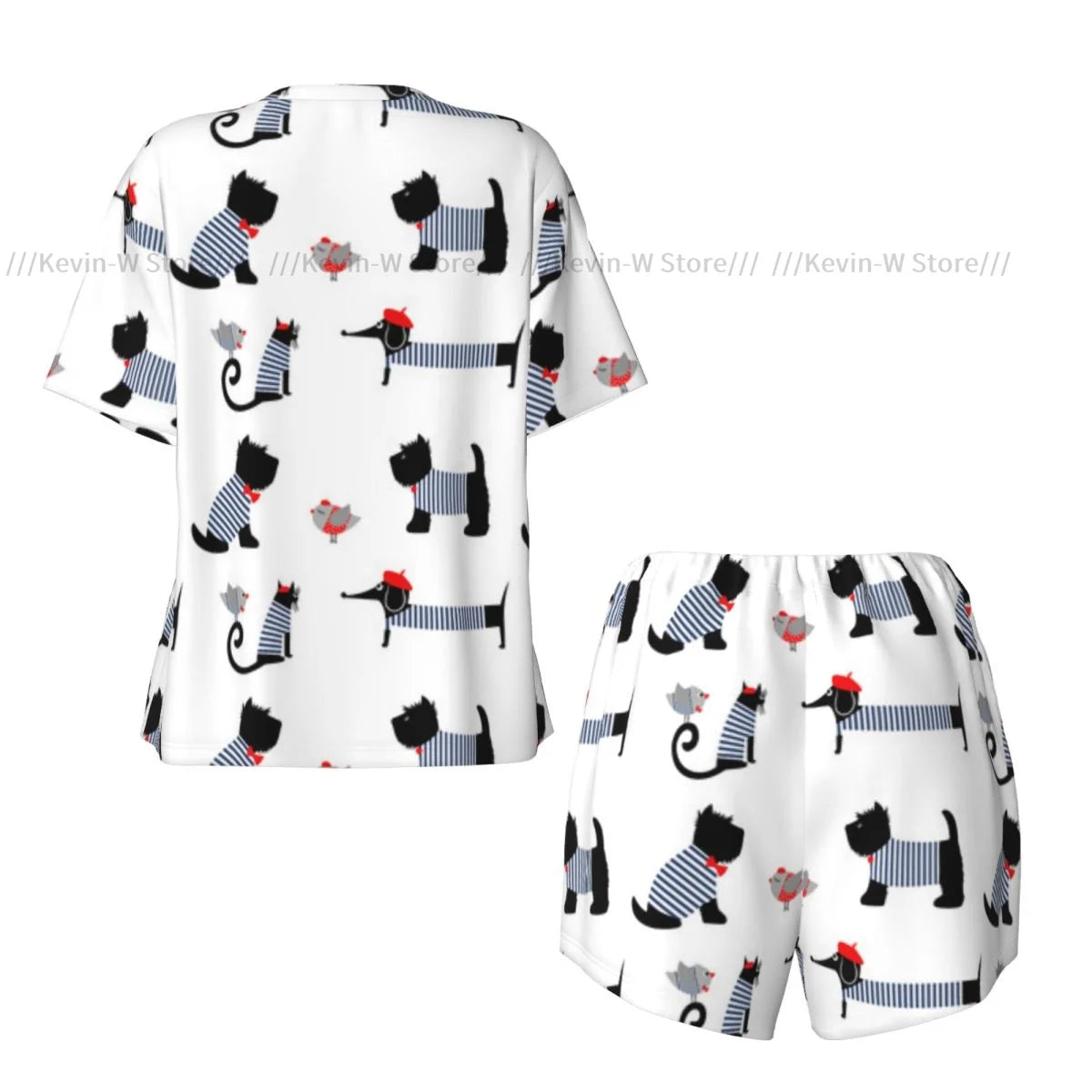 Damen-Pyjama-Set, kurzärmelig, französischer Pariser Dackel, Katzen-Nachtwäsche, Loungewear für Sommer-Nachtwäsche.