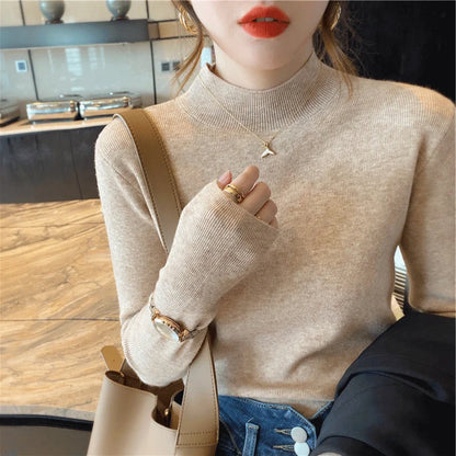 Herbst Winter Frauen Mock neck Pullover Pullover Tops Strickwaren Mode Weibliche Lange Hülse Dünne Elastische Beiläufige Gestrickte Shirts