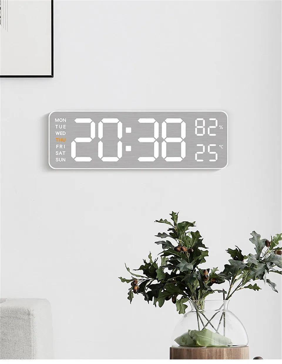 Wanduhr mit Spiegel-Bürsten-Finish, Premium-Gefühl, geräuschlos, Wanduhr, Tischwecker, Temperaturanzeige, Schlafzimmer, Büro, Wohnzimmer, Dekoration