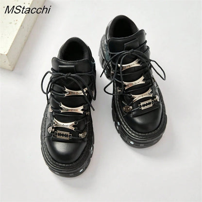Punk Stil Frauen Schwarze Schuhe Rock Metall Dekor Lace-up Ferse Höhe Plattform Schuhe Gothic Mann Turnschuhe Frauen Stiefeletten 2025, Neue