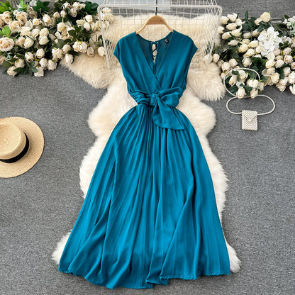 Französisch Vintage elegante Plissee Vneck Kleid A-Linie Mode Chiffon Frühling Herbst ärmellose Vestidos Frauen kleider.