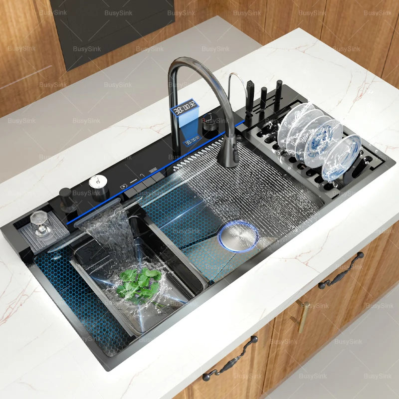 Stainless Steel Kitchen Sink Waterfall Wash Vegetables Basin Intelligent Digital Display Faucet Dish Wash Bowl Large Single Slot