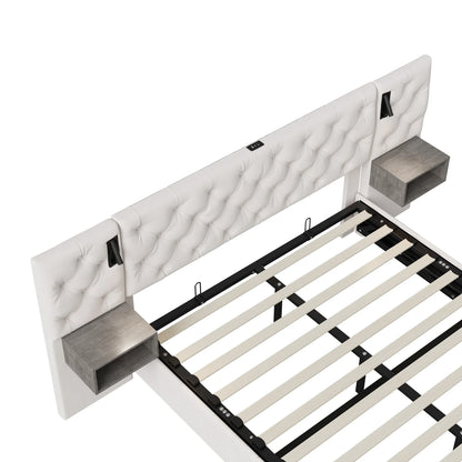 Rosahqnda Polsterbett, Doppelbett, 140/160 x 200 cm, mit 2 Nachttischen, mit LED und USB, hydraulisches Stauraumbett, Samtbeige